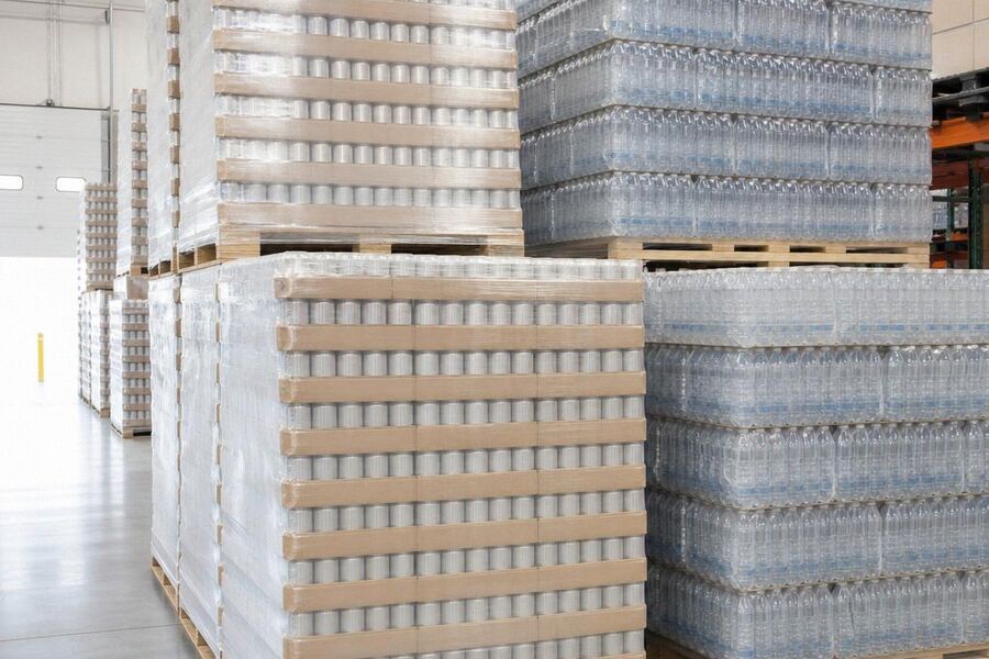 Shrink wrapped pallets of canned and bottled drinks under a warm dock lamp at a warehouse door.