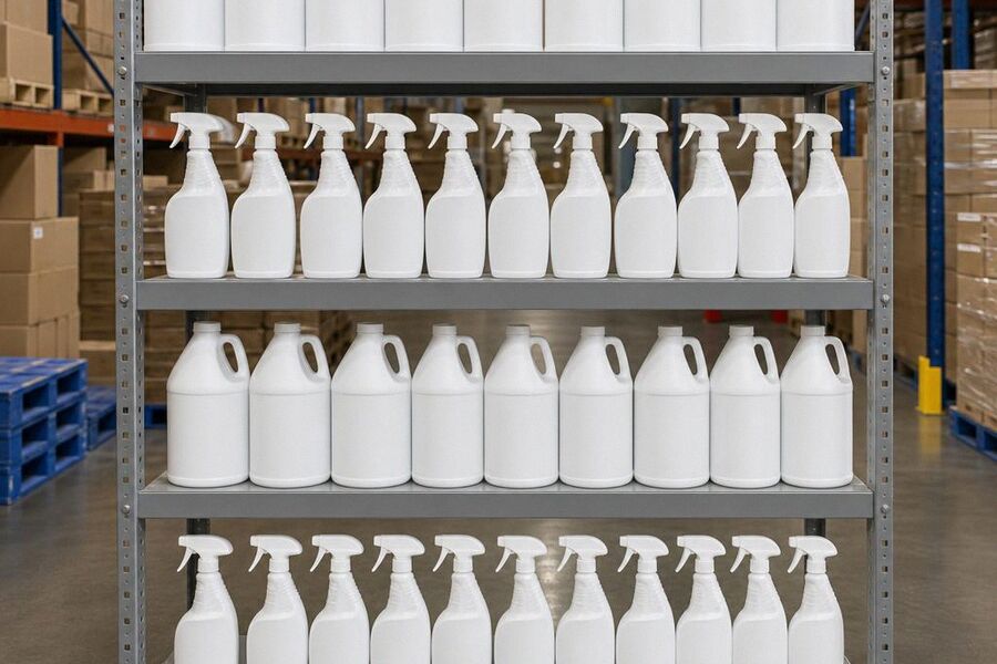 Gallon jugs and spray bottles of cleaning product lined up along a steel warehouse shelf.