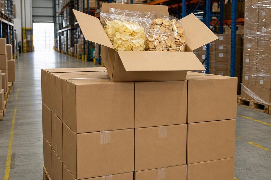 Plain corrugated cases of snack goods stacked on a pallet in front of warehouse racking, two cases open.