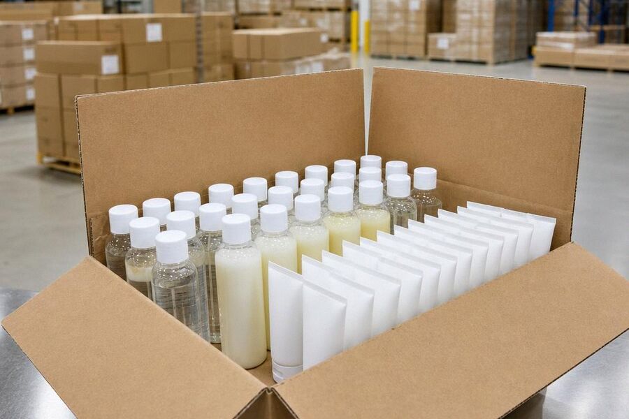 An open counter display case of travel size personal care bottles on a packing bench under a task lamp.