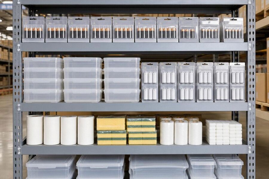 Stacked clear storage totes of batteries and kitchen sundries on a steel warehouse shelf.