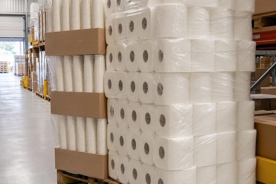 Wrapped bales of roll towel beside stacked sleeves of paper cups on a pallet in a warehouse aisle.