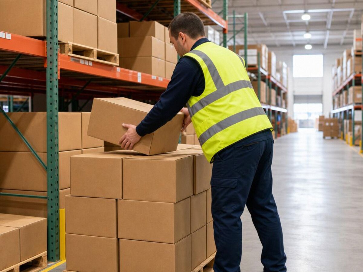 A warehouse worker in a hi-vis vest picking cases onto a pallet jack between racks of stock.