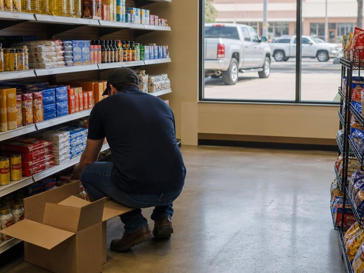 A shop owner restocking a shelf from an open case of goods inside a small retail store.
